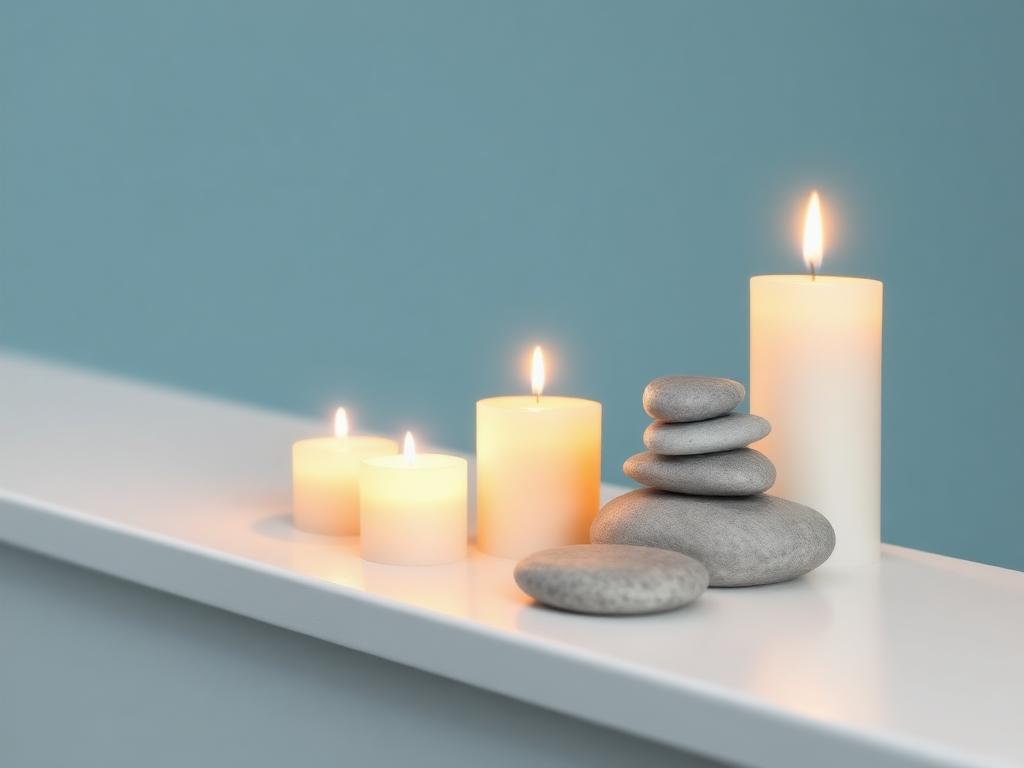 Lit candles and stacked massage stones