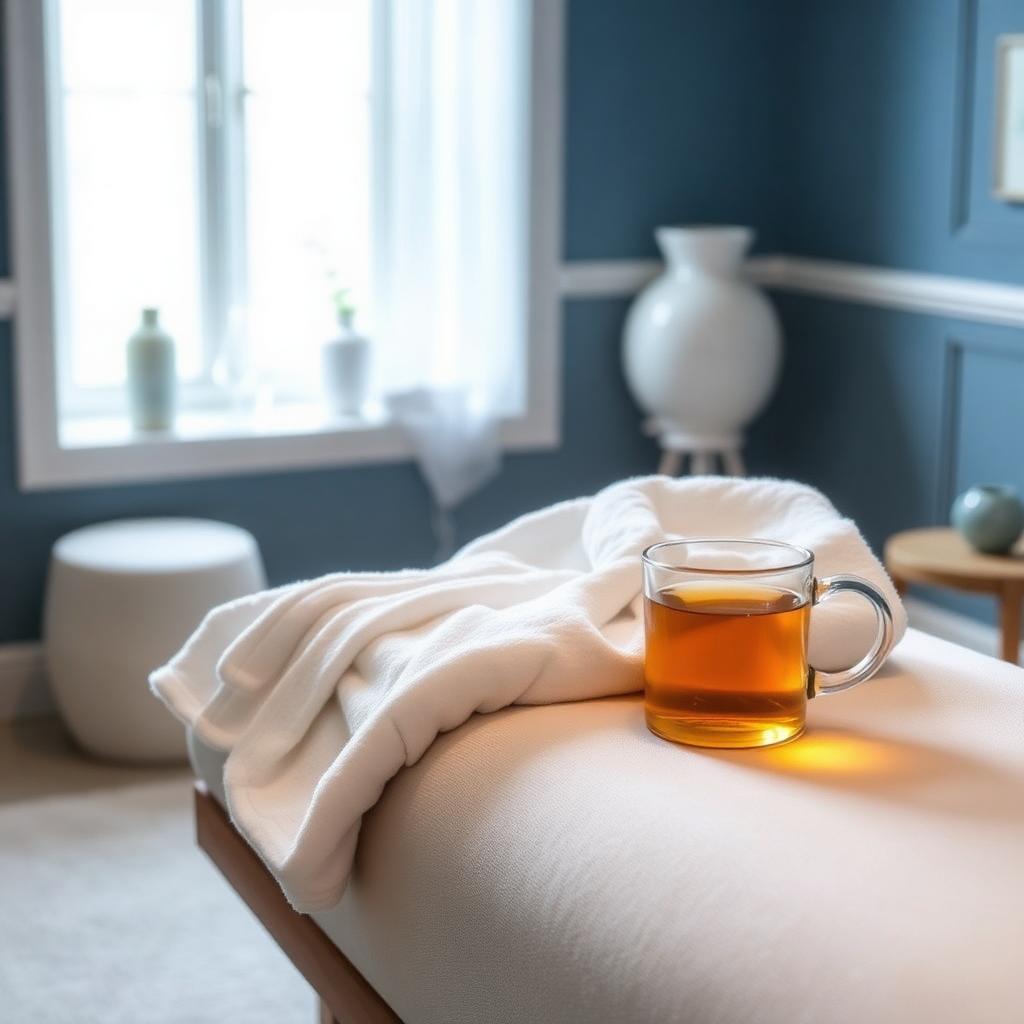 Folded white robe and herbal tea in a calm blue spa room